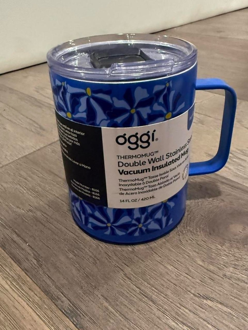 Oggi Blue Floral Double Wall Vacuum Insulated Mug with Handle